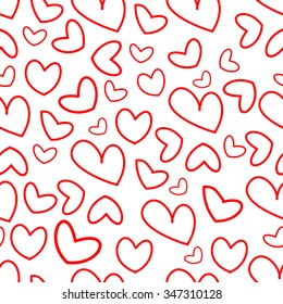 Pattern with red outlines of hearts on a white background