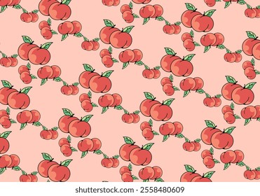 A pattern of red peaches with green leaves on a light pink background.