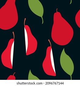 pattern with red pears and leaves on a dark blue background