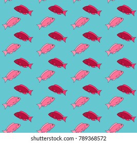 The pattern of red and pink beautiful, drawn, cartoon fish floating in different directions on a blue background. Vector illustration. Seamless texture.
