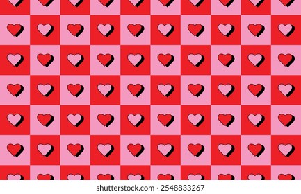 Pattern with red and pink checkered hearts
