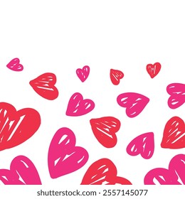 A pattern of red and pink hand-drawn hearts scattered on a white background.