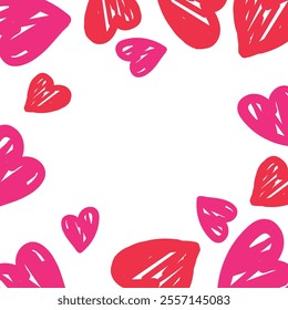 A pattern of red and pink hand-drawn hearts and lips on a white background.