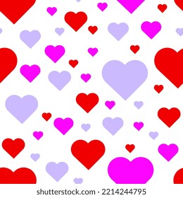 Pattern of red, pink and purple hearts with a transparent background