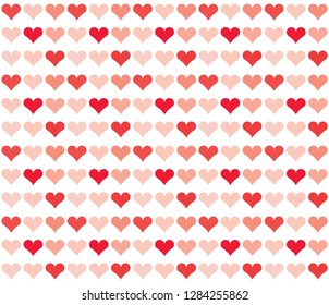 Pattern of red and pink repeating hearts on a white background. Lovely background for postcards, greeting cards, posters. Print for wrapping paper. Flat design. Vector illustration. Valentine texture.