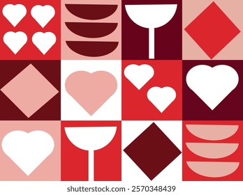 Pattern with red pink white and burgundy squares. Images of hearts, diamonds, glasses. Background for Valentine's Day or a romantic holiday