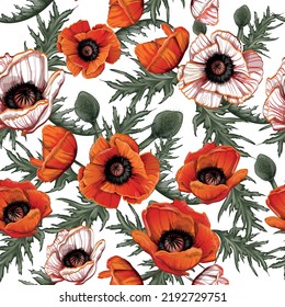 pattern of red poppies with a black center hand-drawn