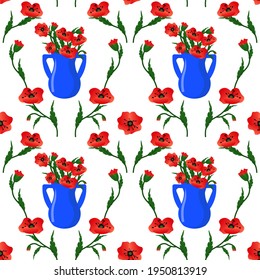 Pattern with red poppies in a blue jug. Floral vector print in damask style. Floral pattern on a white background. A modern vibrant pattern for use in packaging, fabrics, prints and various designs.