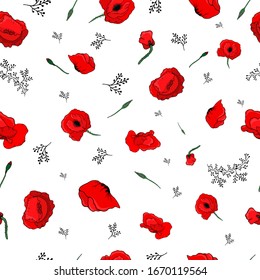 pattern with red poppies, buds, black branches, vector illustration with red poppies, branches for decoration and clothing design, notebooks, mugs, etudes, albums, on a white background