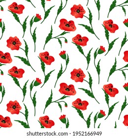 Pattern with red poppies. Floral vector print on white background. Print for use in wrapping paper, fabric, covers, brochures and flyers, various designs. VVector illustration isolated on white