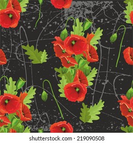 pattern with red poppies on black background. vector illustration