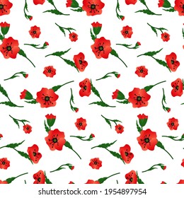 Pattern with red poppies on a white background. Drawing in a floral style. Print for use on wrapping paper, fabric, covers, brochures and flyers. Vector illustration.