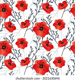 Patrón con amapolas rojas. Ilustración vectorial aislada en fondo blanco. Para uso en impresiones, embalajes, anuncios, portadas y folletos, y tiendas de flores.