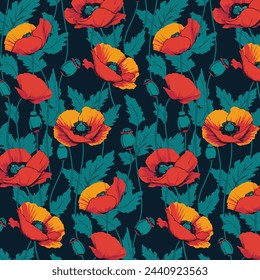 Pattern with red poppies.Vector seamless pattern with red poppies on a colored background.The images are created without the use of any artificial intelligence software at any stage.