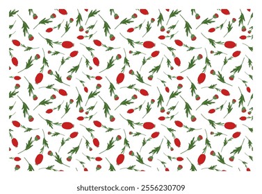 Pattern of red poppy buds and branches. Vector illustration for print, cards, packaging and other design