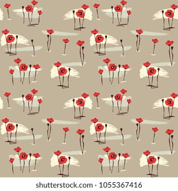 pattern with red poppy flowers and brush strokes on a beige background