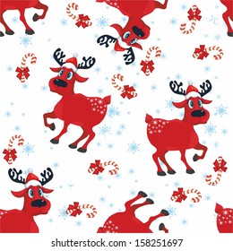 Pattern with red reindeer and snowflakes on a white background