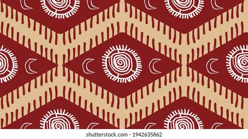 Patrón de rombos rojos con el sol y la luna sobre un fondo beige. Vector.