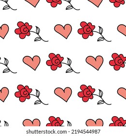 Pattern of red rose and heart in style of doodle. Vector image for use in textile or print design