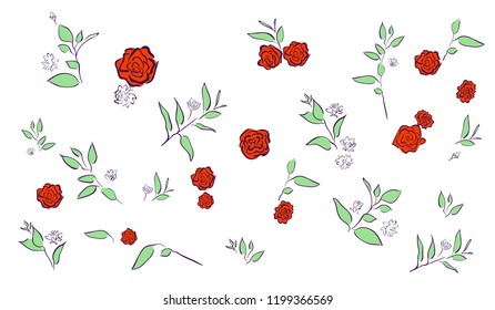 A pattern of red roses, and branches of pink plants with green leaves. Background of beautiful white flowers on a white background.