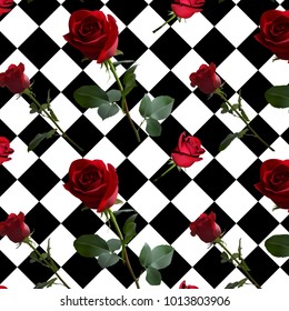 A pattern with red roses with green leaves and a long stem on the background of a black and white cell (chess pattern)