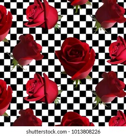 A pattern with red roses with green leaves against a black-and-white cell (chess pattern)