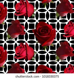 A pattern with red roses with green leaves against a abstract pattern of black shapes on a white background
