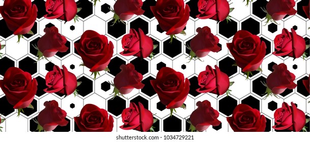 A pattern with red roses with green leaves against a Background of honeycomb big and small comb black line