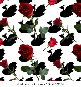 A pattern with red roses with green leaves and a long stem on the background of a A pattern with a black swan silhouette with a crown