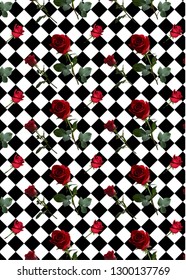 A pattern with red roses with green leaves and a long stem on the background of a black and white cell (chess pattern)