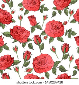 pattern of red roses and green leaves on white