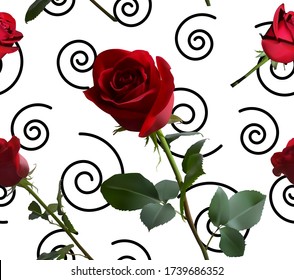 A pattern with red roses with green leaves and a long stem on the background of a black spirals