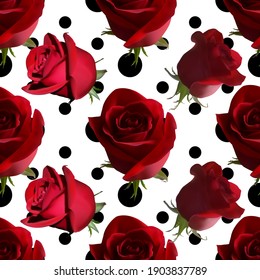 Un patrón con rosas rojas con hojas verdes en el fondo de un círculo negro