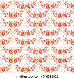 Pattern with red roses on a background with red polka dots 