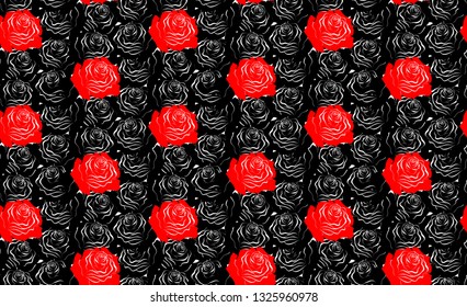 Pattern with red roses on dark background. Vector image