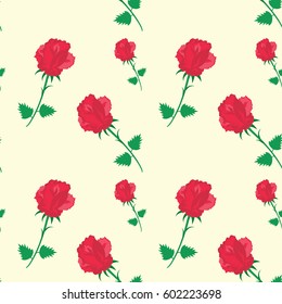 Pattern red roses on long stem light background flat style art creative abstract vector