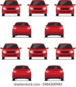 a pattern of red sedan car in front and back view flat illustration