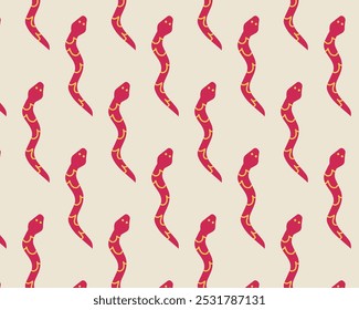 Padrão com uma cobra vermelha em um fundo bege é um símbolo do Ano Novo 2025. Uma cobra desenhada à mão bonito é uniformemente distribuída ao longo do fundo. Impressão uniforme para impressão em papel, tecido a