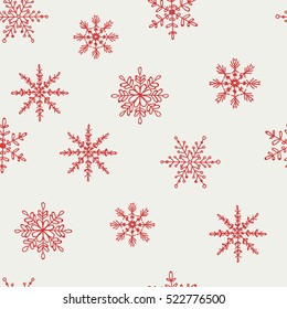 Pattern Of Red Snowflakes On A Light Background. Snowflake Vector Pattern.