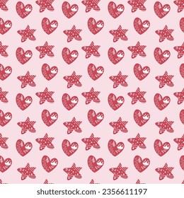 Patrón con estrellas y corazones rojos. Elementos decorativos. Ilustración vectorial. Para empaque, cubiertas, cumpleaños, celebraciones de género, fiestas, Día de San Valentín, folletos, medios sociales, tela y