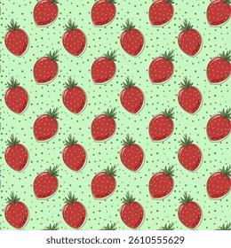  Pattern with red strawberries. Fresh and sweet berries. Ripe harvest. Gardening. Fruit and berry illustration. Seamless background. Vector illustration