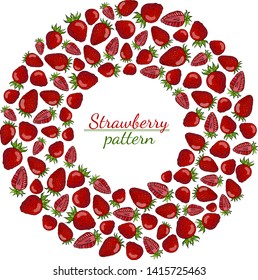 Pattern of red strawberries with green leaves laid out in a circle