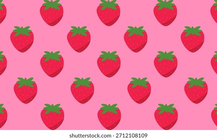 A pattern of red strawberries with green leaves on a pink background. The image creates a sweet and vibrant design