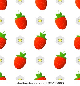 Patrón con fresas rojas y flores de fresa. Ilustración vectorial.