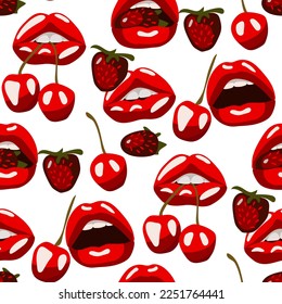 A pattern with red strawberry and cherry lips on a white background. Red lipstick. An open mouth tries to catch cherries and strawberries. Background for packaging for the Valentine's Day holiday