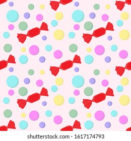 
Pattern with red sweets on a funny background. The background consists of colorful circles. Vector illustration creates a great mood.