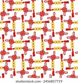 Pattern of red threads is tied in Chinese knots for good luck, prosperity. A lot of red threads in knots with gold coins. Materials in the traditional Asian are used for decoration in a cultural theme