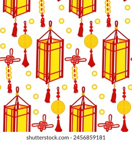 Pattern of red threads tied with Chinese knots for good luck, and a paper lantern. Gold coins, amulet, paper element. Materials in the traditional Asian style were used for decoration in the cultural