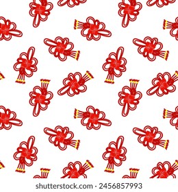 Pattern of red threads is tied into Chinese knots for good luck, symbolizing prosperity. Red threads in knots with golden beads in twist. Materials in the traditional Asian style are used in cultural