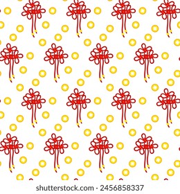 A pattern of red threads is tied into Chinese knots for good luck, symbolizing prosperity. Red threads in knots and scattered gold coins. Materials in the traditional Asian style are used in cultural